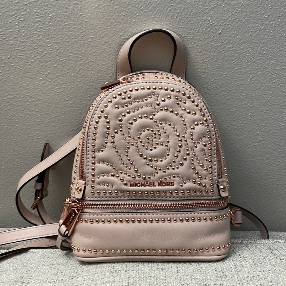 Michael Kors Rhea Mini Zip Studded Convertible Backpack bag pink rose gold - Picture 5 of 9